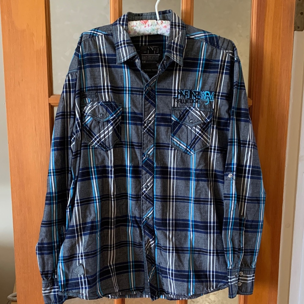 3/25$ Blue Plaid Snap Button-Up Shirt